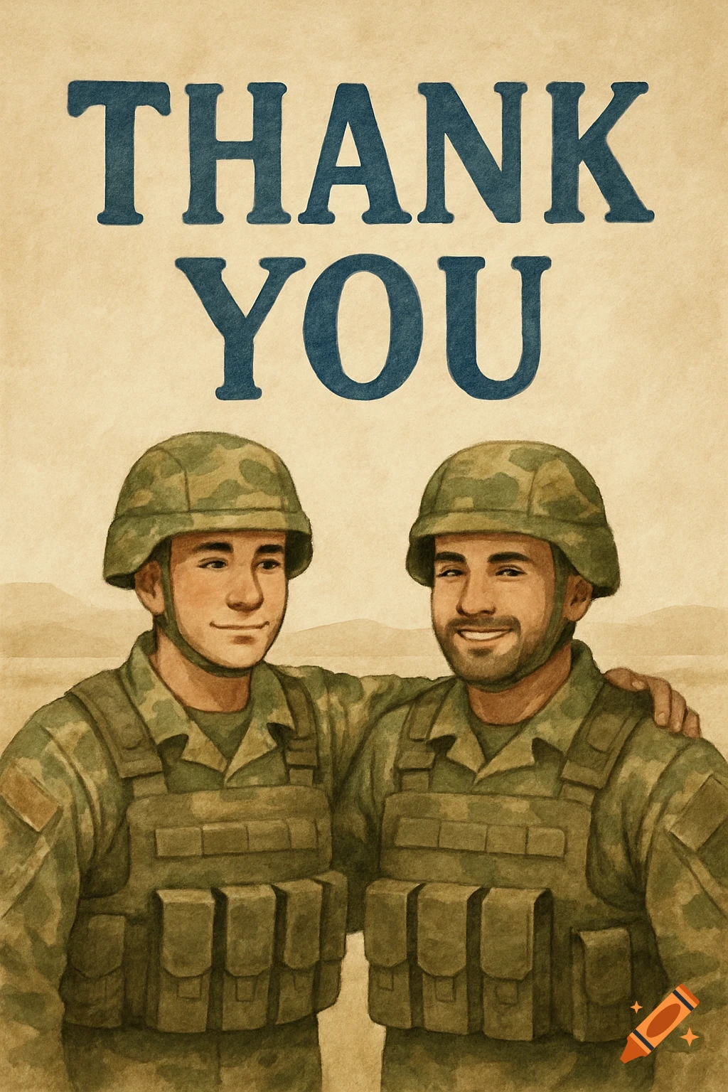 Illustration of two soldiers in uniform, one with an arm around the other, against a desert background, with 'THANK YOU' text.