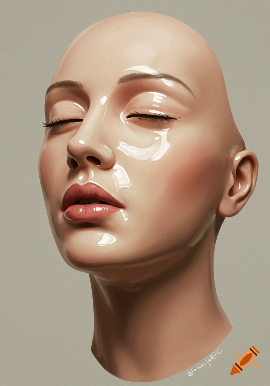 Digital portrait of a bald, glossy human head with closed eyes, resembling a silicone mask.