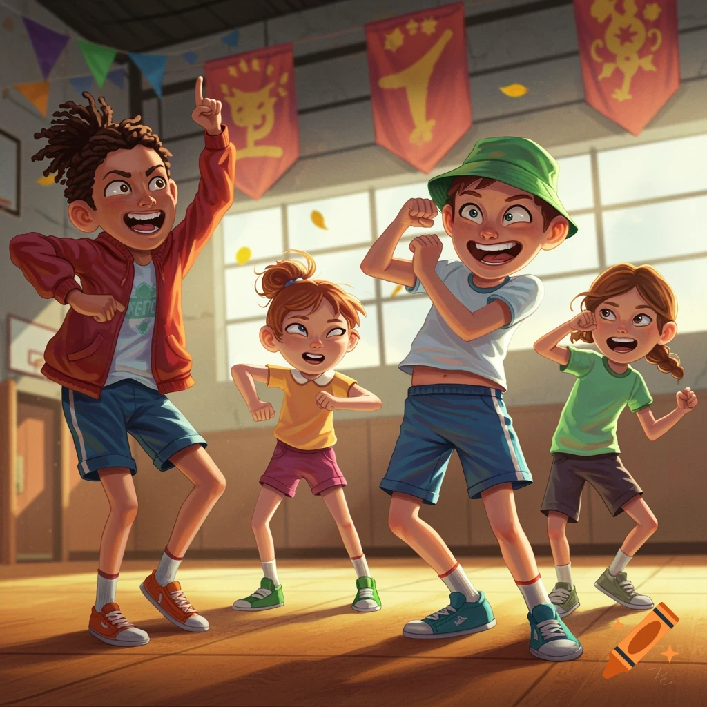 Four cartoon kids in a gym, two boys and two girls, dancing or posing with exaggerated expressions.