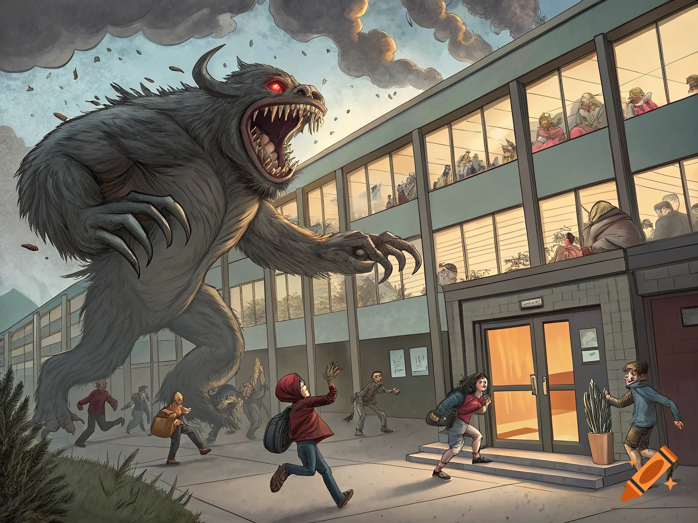 A giant furry monster with glowing red eyes and sharp teeth attacks a school, causing children to flee in panic.