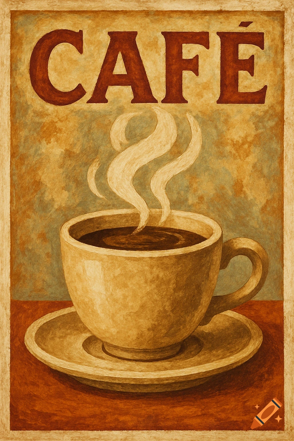 A vintage-style poster depicting a steaming cup of coffee with the word 'CAF É' above it.