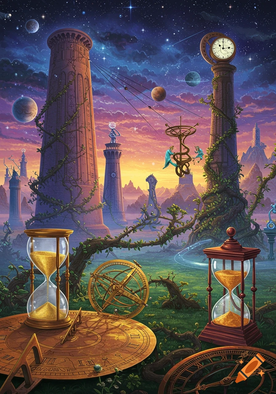A detailed fantasy landscape featuring giant hourglasses, sundials, clocks, and astronomical instruments amidst tall towers under a starry sky with planets.
