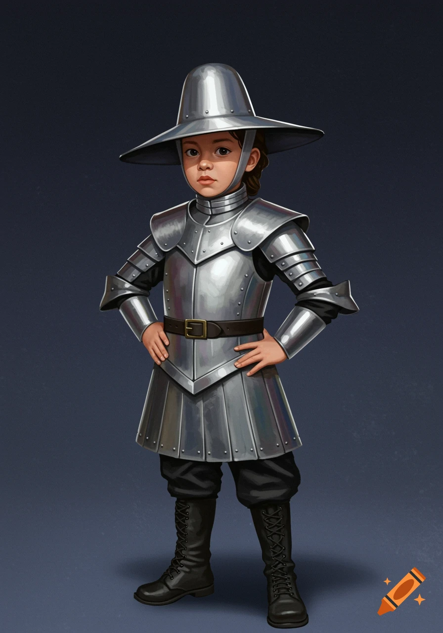 A child stands in a detailed silver metal guard's costume with a large hat and black boots, hands on hips.
