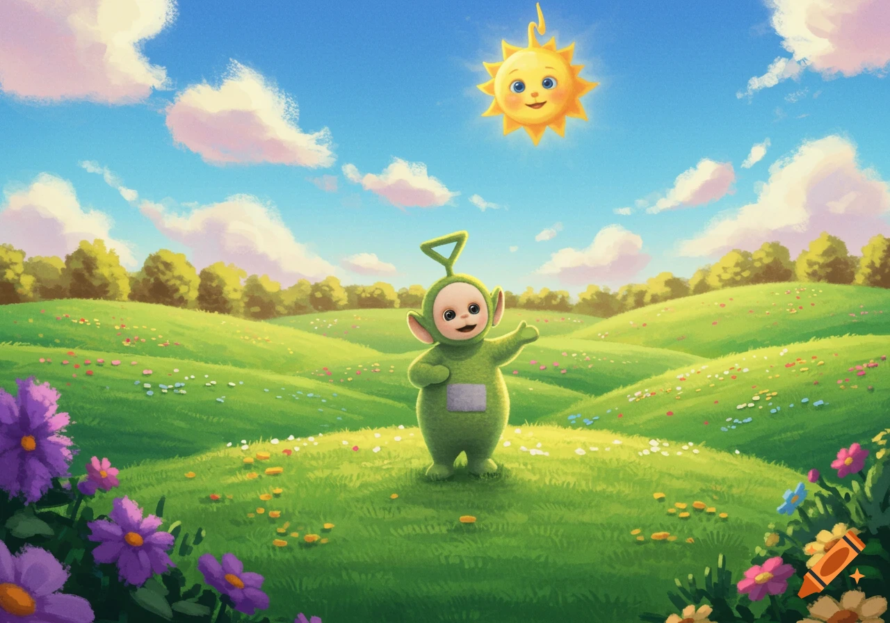 A green Teletubby stands in a bright, sunny, rolling green field with colorful wildflowers under a blue sky with a smiling baby sun.