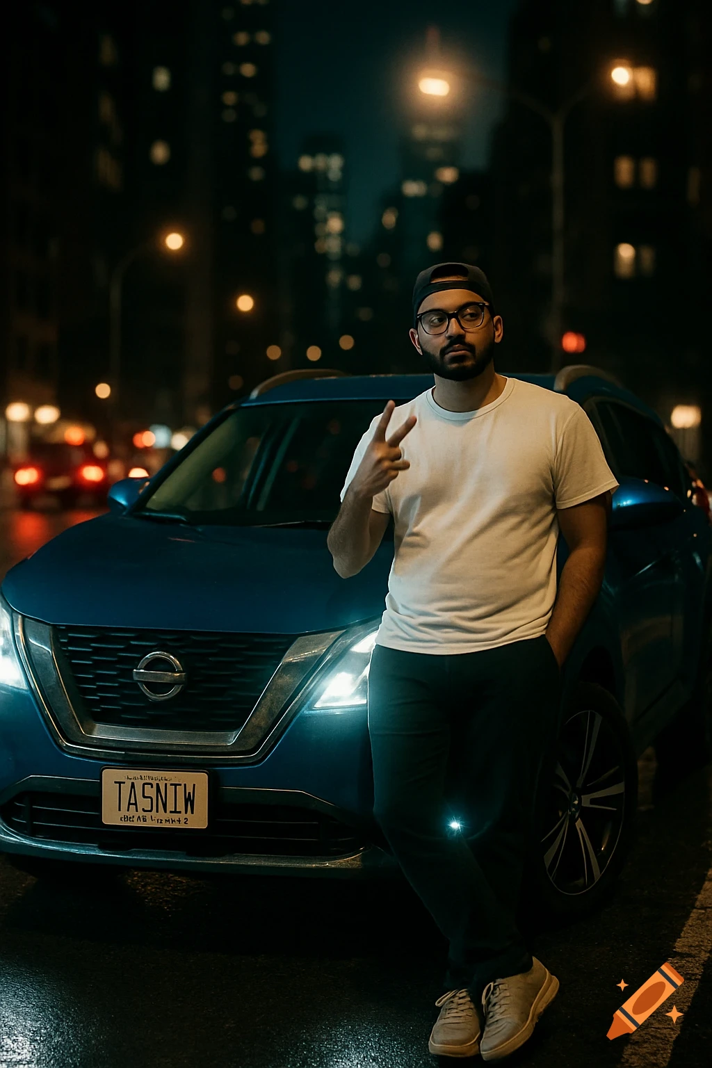 A man leans on a blue Nissan Rogue at night in a city street, making a peace sign. Cinematic street photography style.