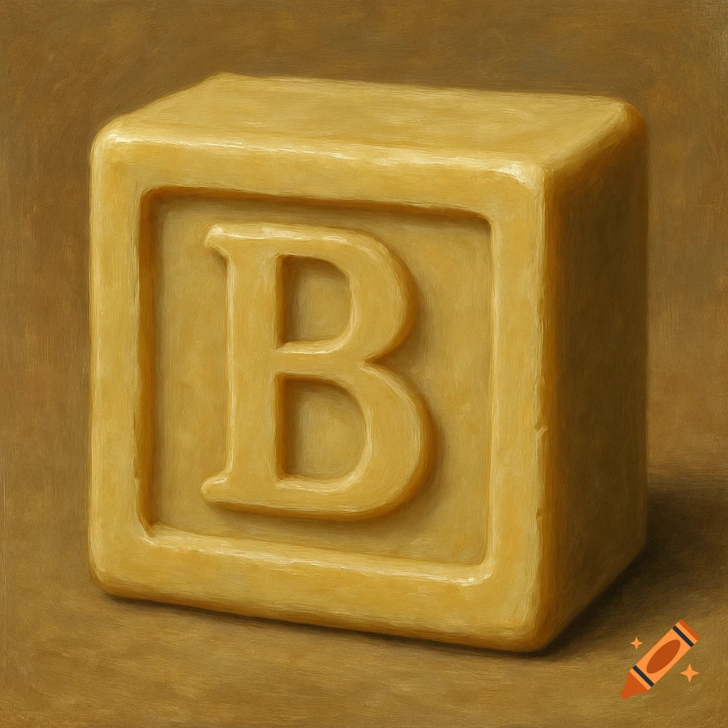 An oil painting of a yellow or golden block with a raised letter B on its front surface, against a warm brown background.