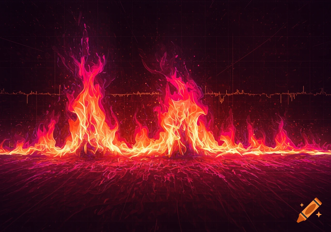 Vibrant red and orange flames burn over a dark grid background with an orange line graph above, resembling data.