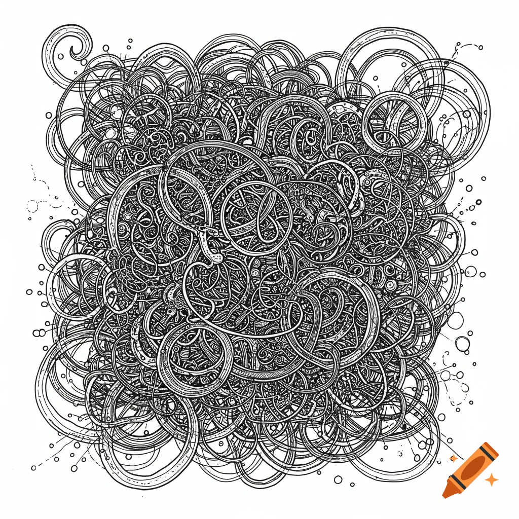 A detailed black and white line art drawing featuring intricate, tangled, swirling abstract shapes, circles, and patterns.