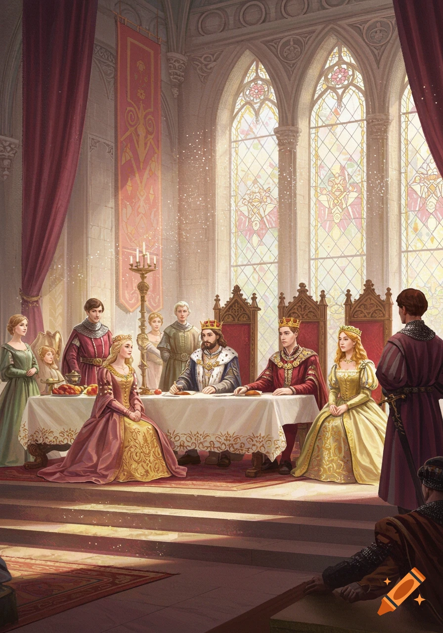 A medieval royal court scene with a king, queen, and nobles gathered around a table in a grand hall with stained glass windows.