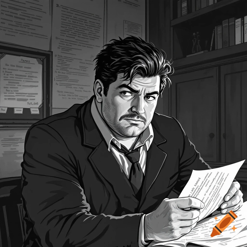 A serious man with dark hair and a mustache sits at a desk, holding papers, in a dark, comic book art style.