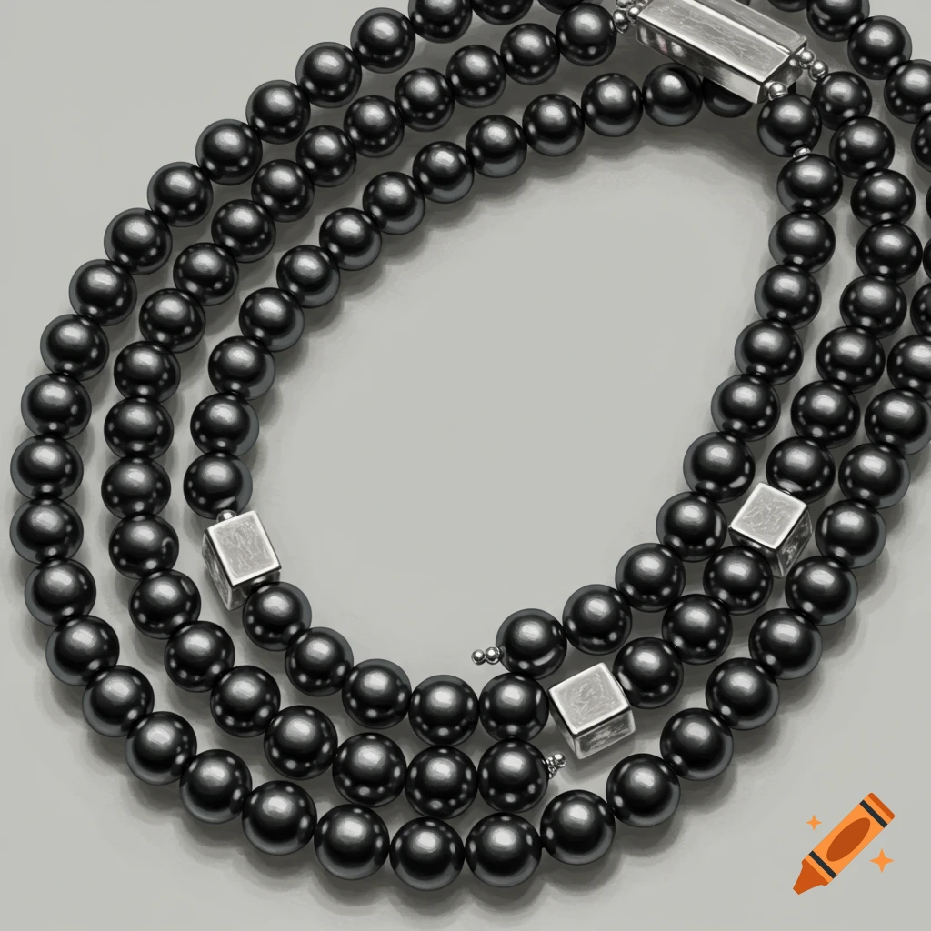 Three strands of dark grey pearls with silver cube separators, arranged in a curve on a light grey background.
