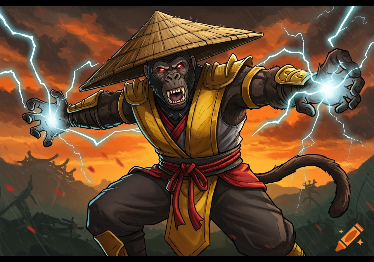 A powerful anthropomorphic ape wearing a straw hat and yellow martial arts attire, wielding lightning in both hands, against a stormy, orange sky.