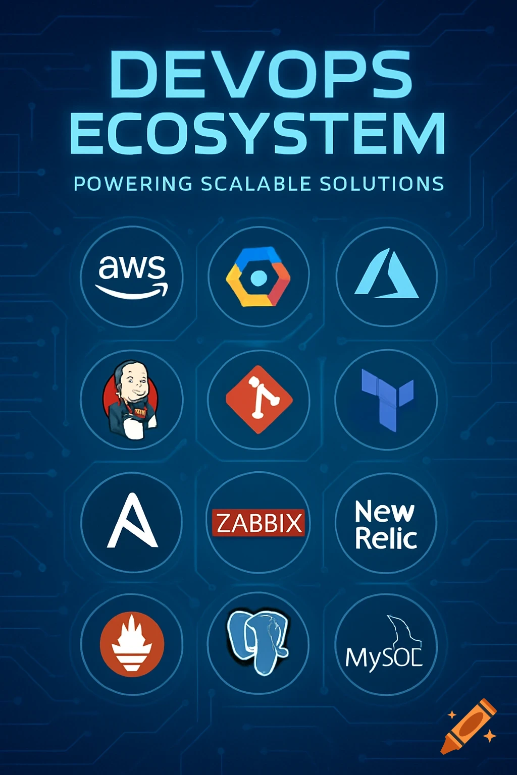 Digital illustration of the DevOps Ecosystem with logos for AWS, GCP, Azure, Jenkins, GitLab, Terraform, Ansible, Zabbix, New Relic, Prometheus, PostgreSQL, and MySQL on a circuit board background.