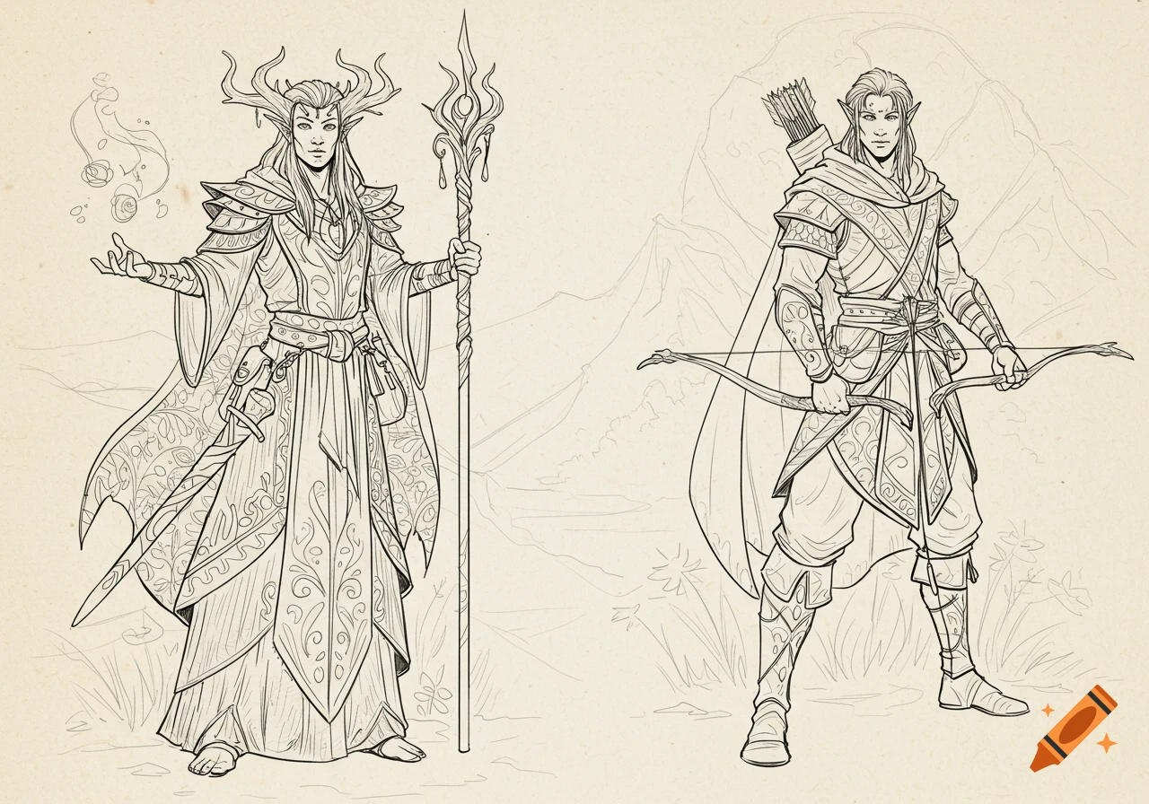 Two fantasy characters, a horned druid with a staff and a ranger with a bow, in a line art style.