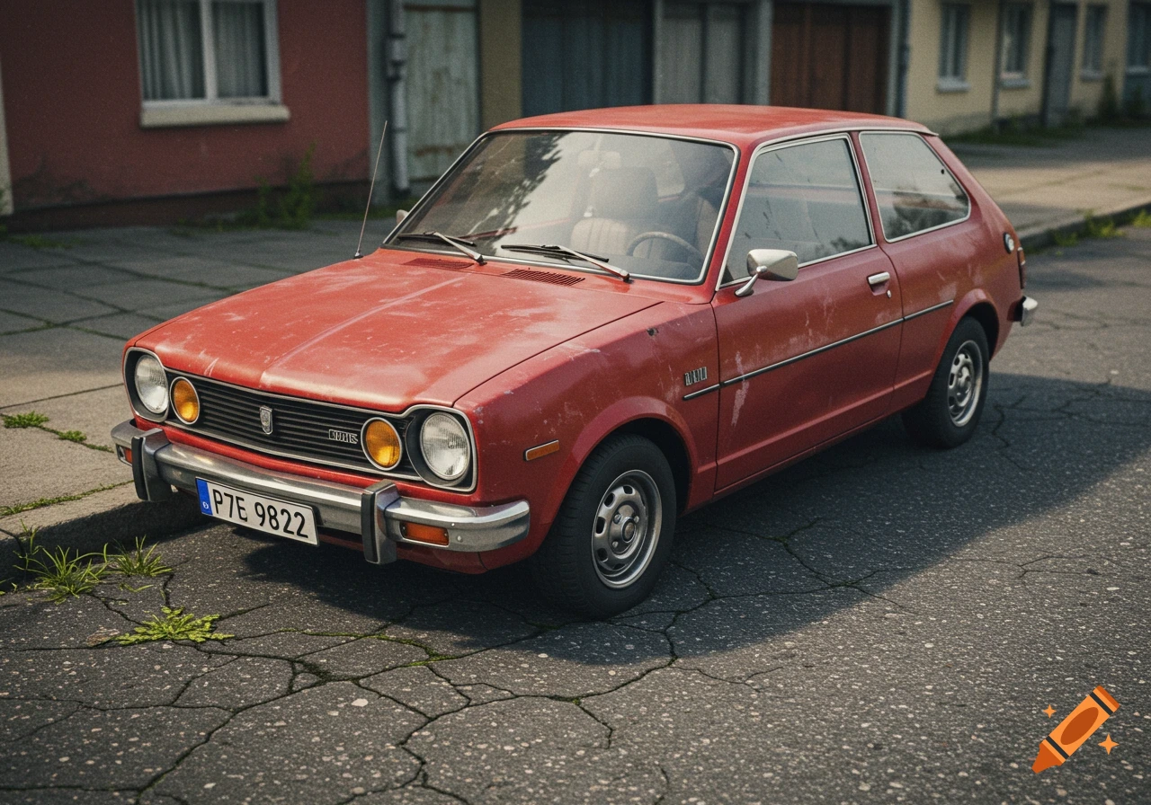 A photorealistic image of a vintage red two-door hatchback car parked on a cracked asphalt street.