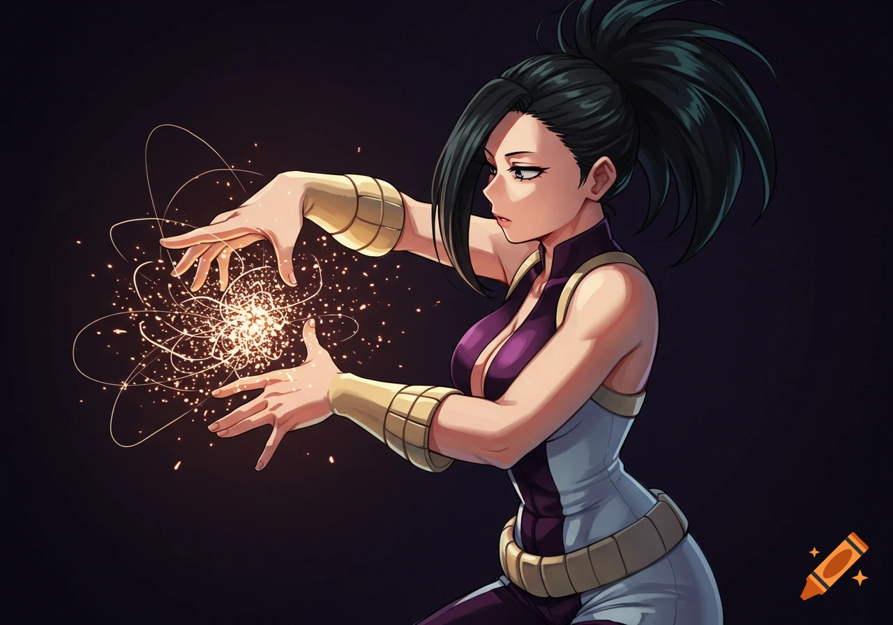 Anime-style illustration of Momo Yaoyorozu from My Hero Academia, generating bright energy with her hands.