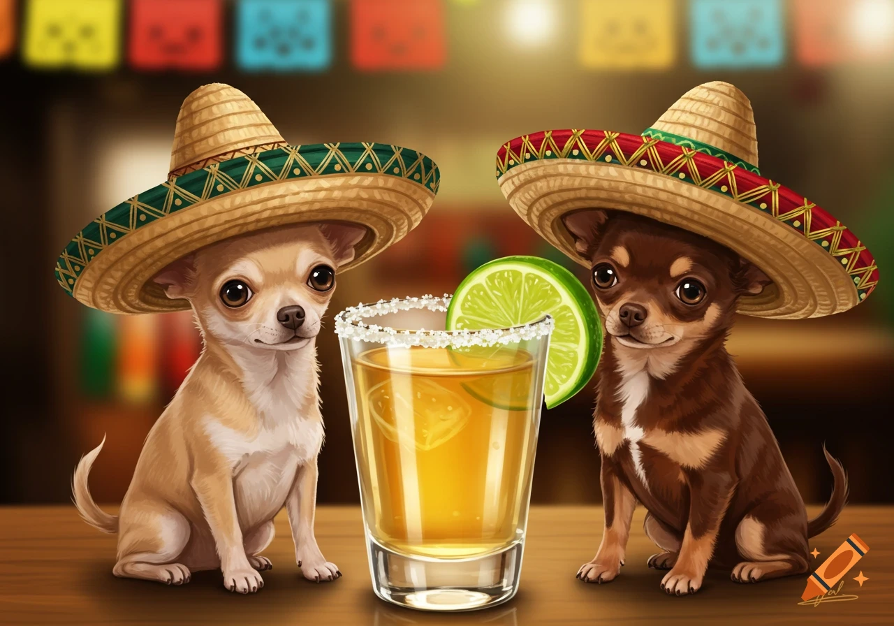 Two cartoon chihuahuas in sombreros sit beside a glass of tequila with lime on a table.