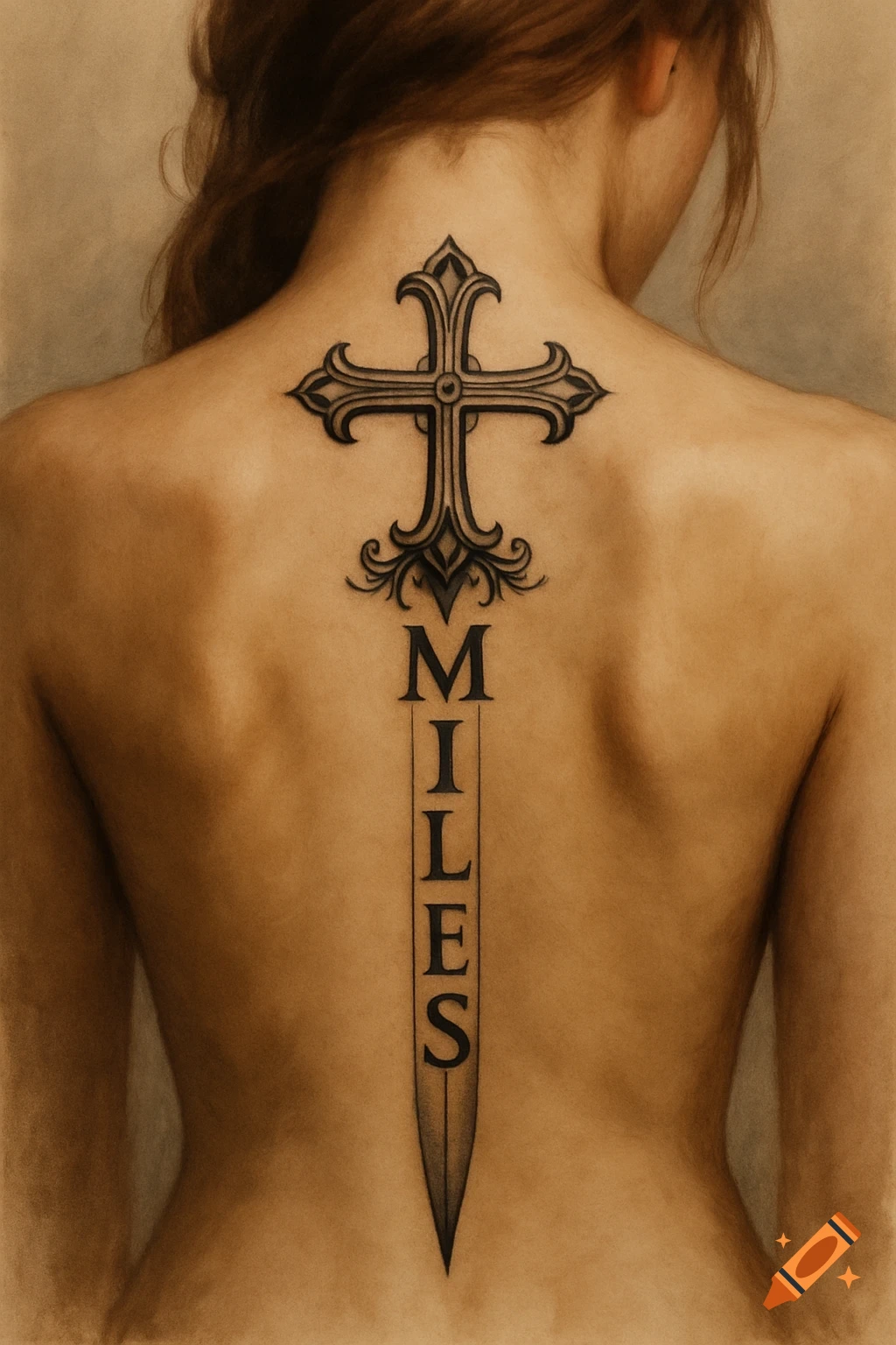 A detailed tattoo on a person's back featuring a Christian cross above the vertical word 'MILES' resembling a sword.