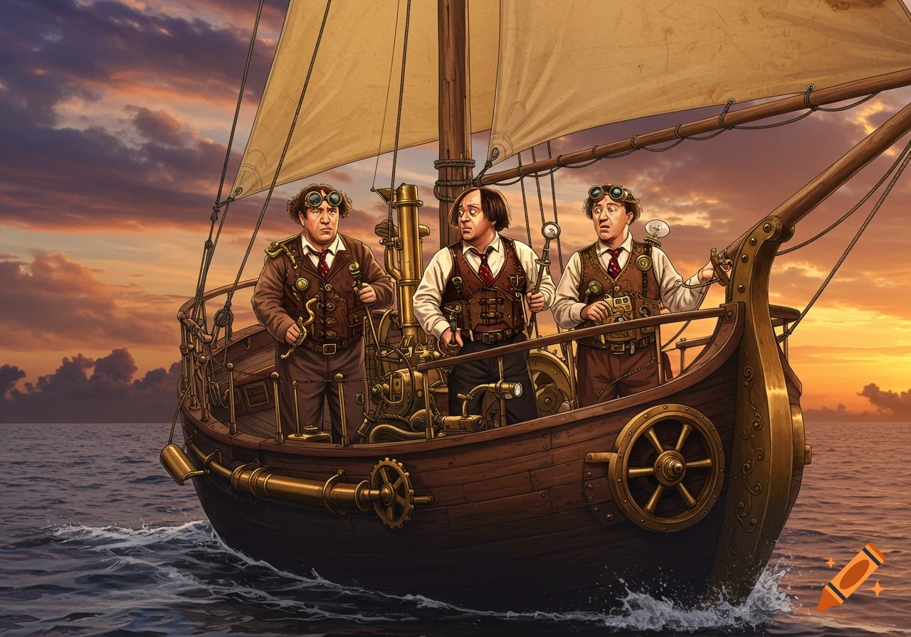 Three men resembling the Three Stooges on a detailed steampunk sailboat at sunset on the ocean.