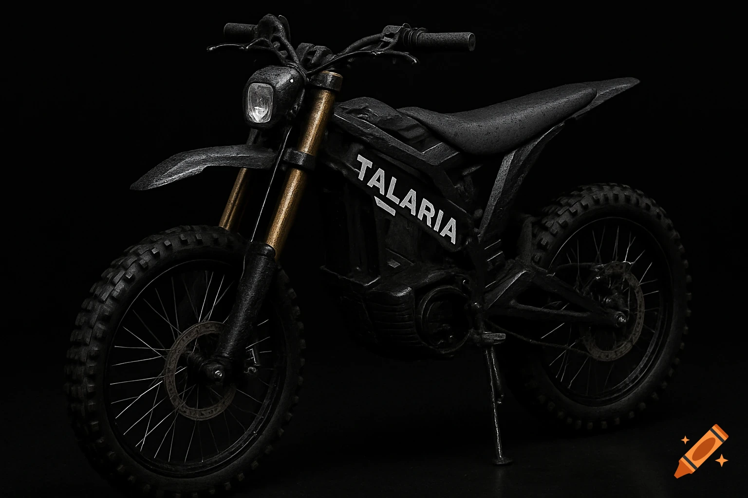 A dark, photorealistic off-road electric motorcycle with 'TALARIA' branding and wet texture, isolated against a black background.