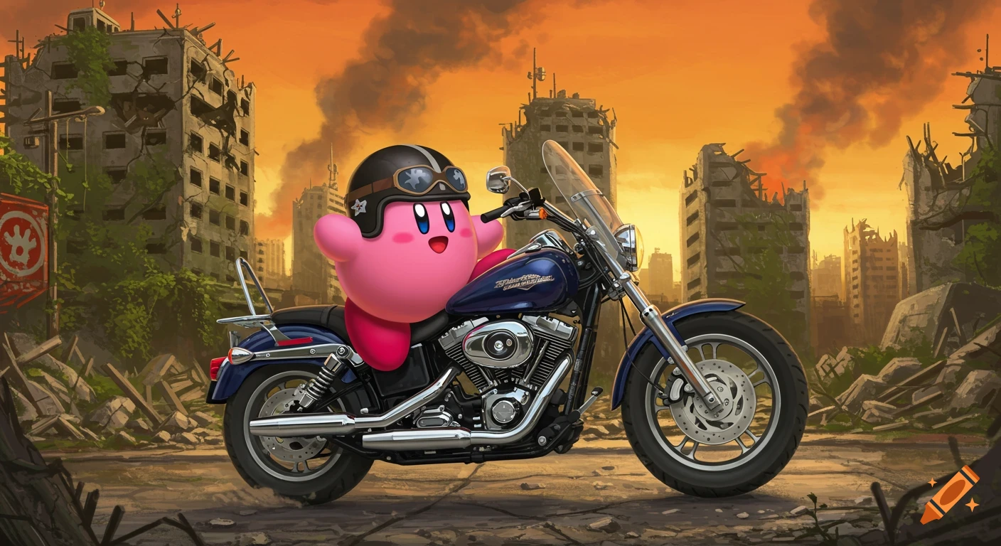 Kirby rides a blue Harley-Davidson motorcycle through a ruined, post-apocalyptic city at sunset, wearing a helmet.
