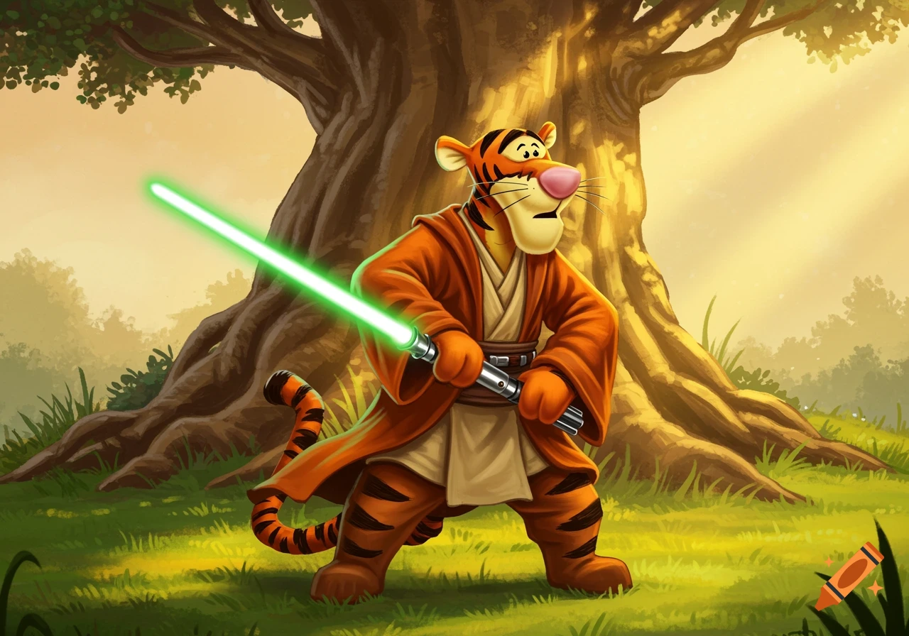 Tigger from Winnie the Pooh dressed as a Jedi, holding a green lightsaber in a sunny forest.