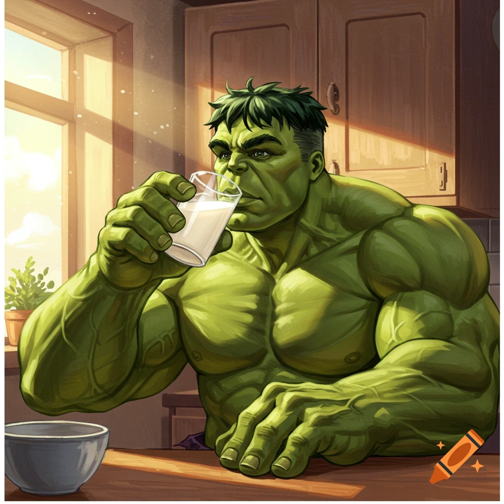 Hulk, the green superhero, drinks a glass of milk in a sunlit kitchen, comic book style.