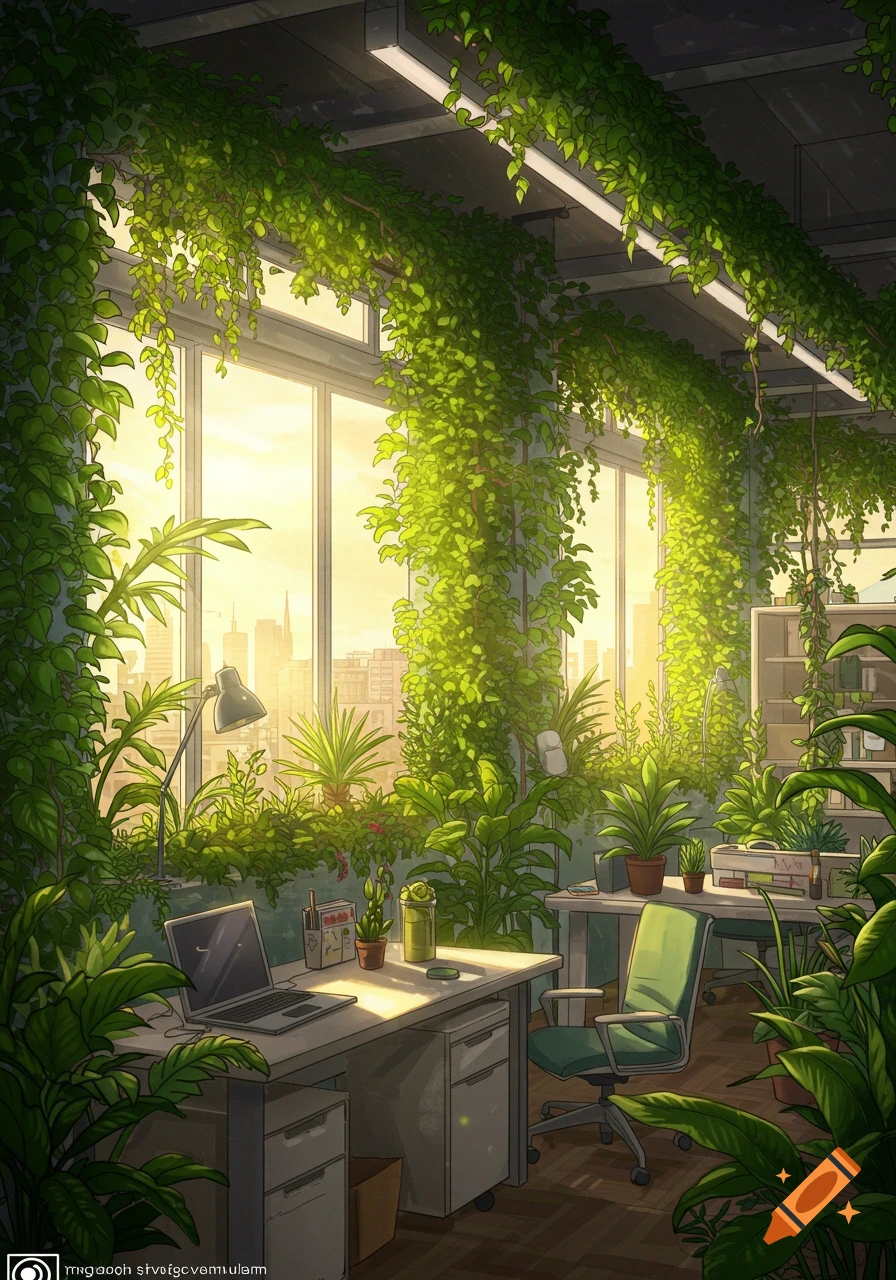 An illustrative office space overgrown with lush green plants, featuring a desk, laptop, and large windows with a city view.