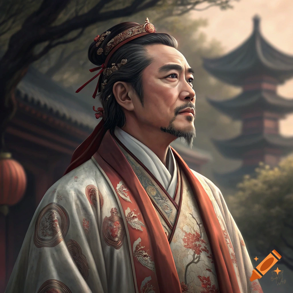 A man in traditional Chinese clothing with a pointed beard and elaborate headwear gazes upwards, with traditional architecture in the background.