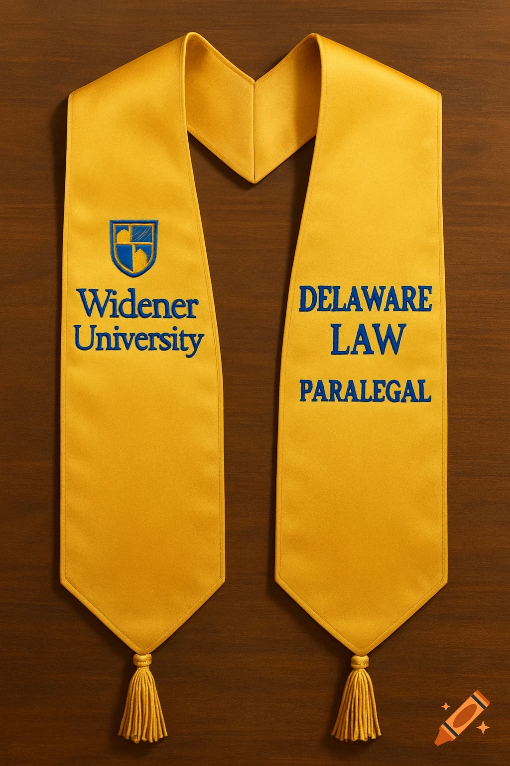A gold graduation stole with blue text that reads "Widener University" on the left side and "DELAWARE LAW PARALEGAL" on the right, against a wooden background.