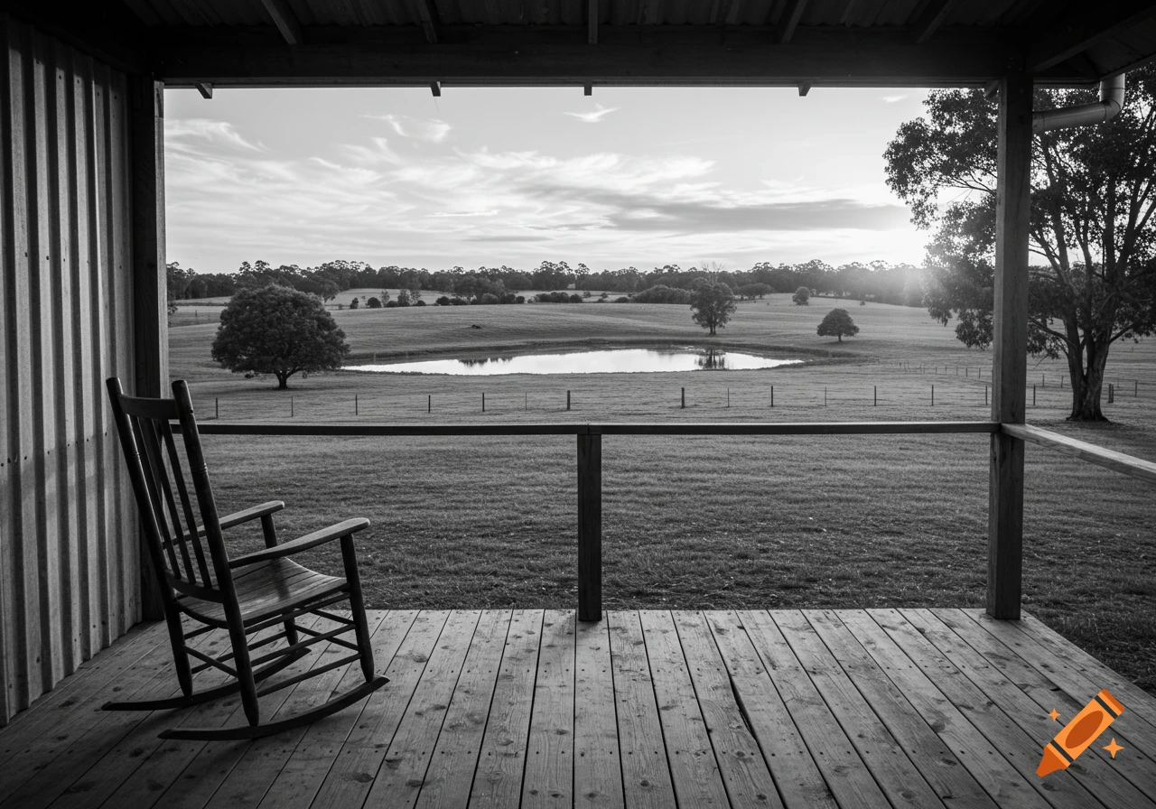 A black and white view from a wooden veranda with a rocking chair, looking out over green paddocks with a dam, trees, and a sunset.
