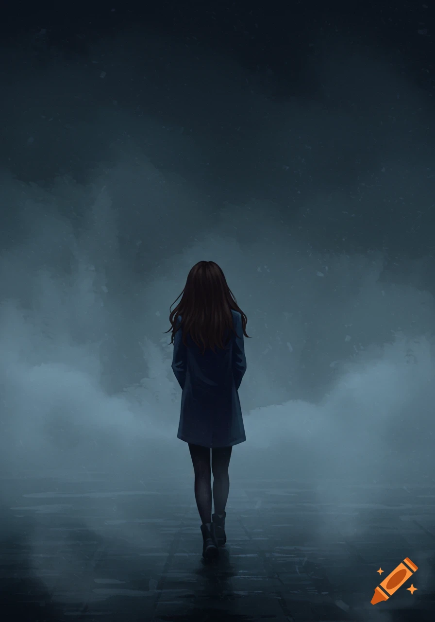 A digital painting shows a woman with long dark hair, seen from behind, walking into a dense, dark fog, evoking a melancholic atmosphere.
