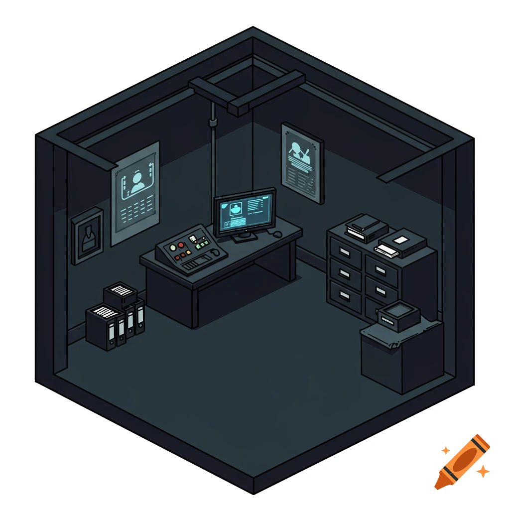 An isometric cartoon illustration of a dark, simple secret agent HQ room with a computer, control panel, and filing cabinets.