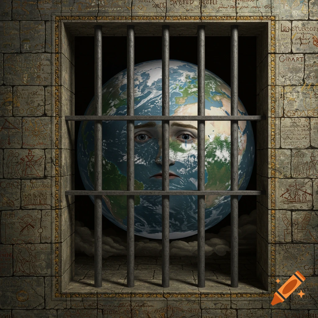 A stylized Earth with a sad human face is seen through iron prison bars, set within an ancient stone wall.