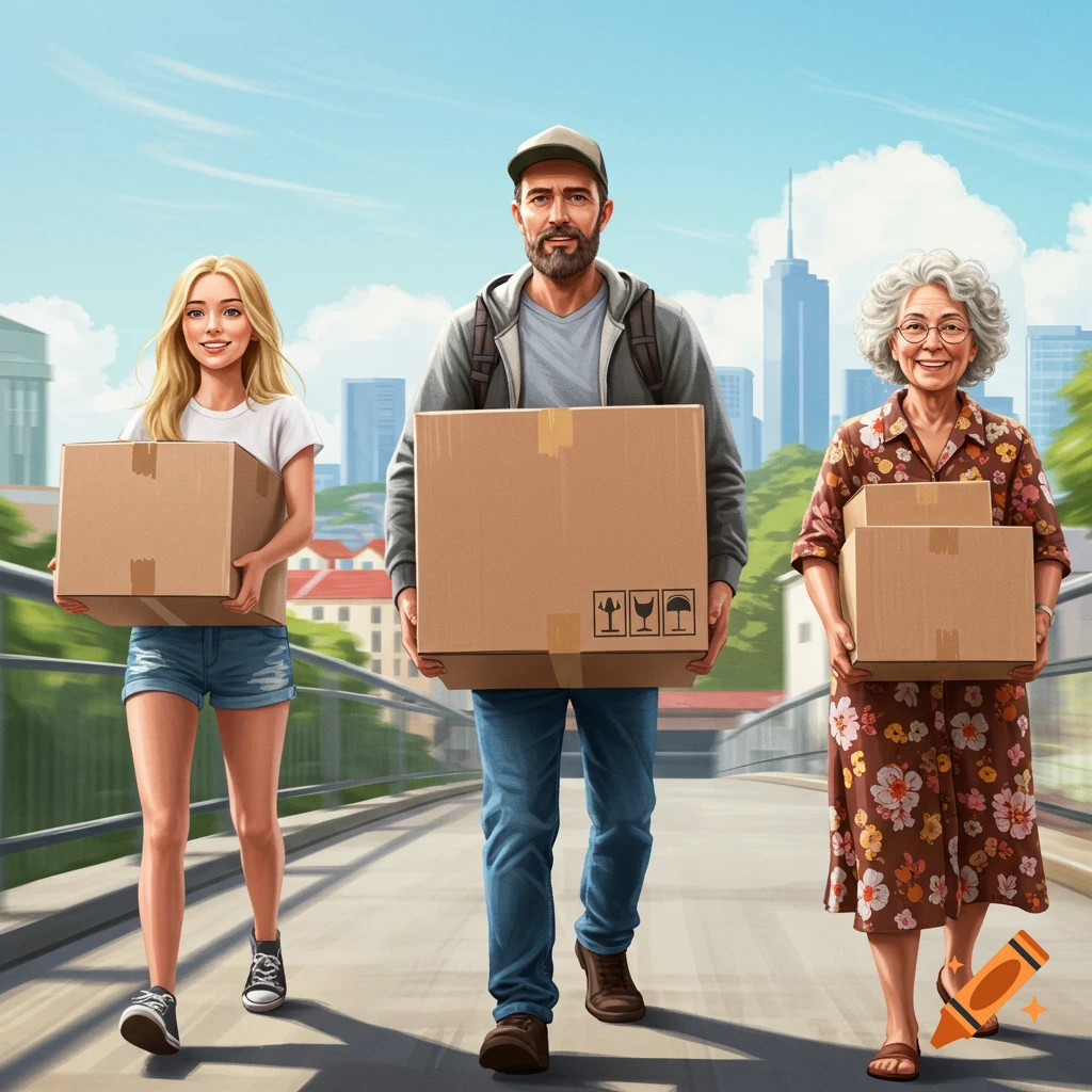 A man, a young woman, and an elderly woman carry cardboard boxes on a bridge with a city skyline in the background, in a stylized illustration.