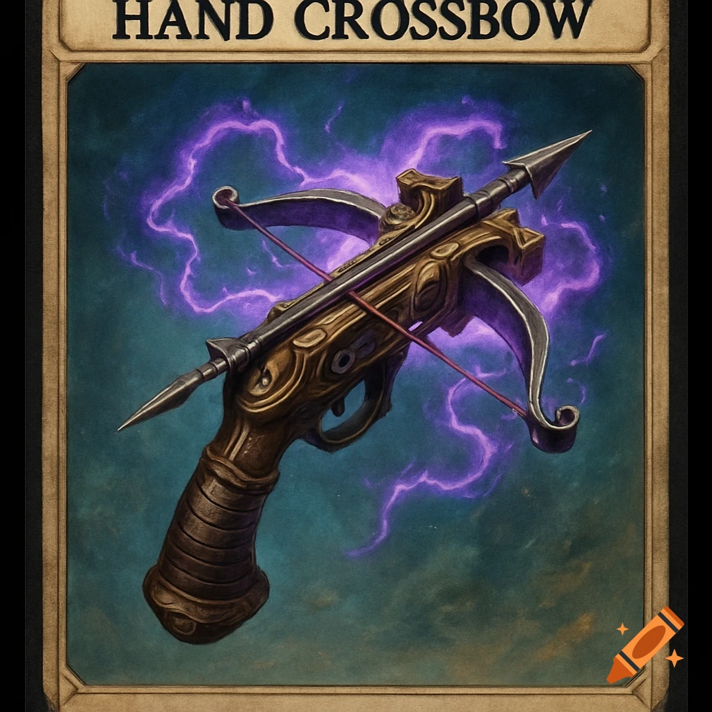 A fantasy-style hand crossbow with glowing purple energy, set against a teal background, resembling a collectible card.