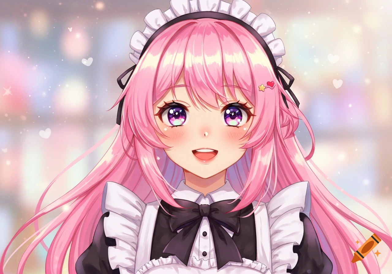 A smiling anime girl with long pink hair and purple eyes, wearing a black and white maid outfit, against a bright, blurry background with hearts.