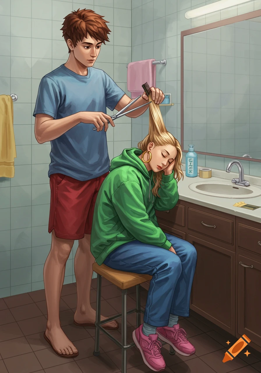 A man cuts a woman's long blonde hair in a bathroom, as she sits on a stool.