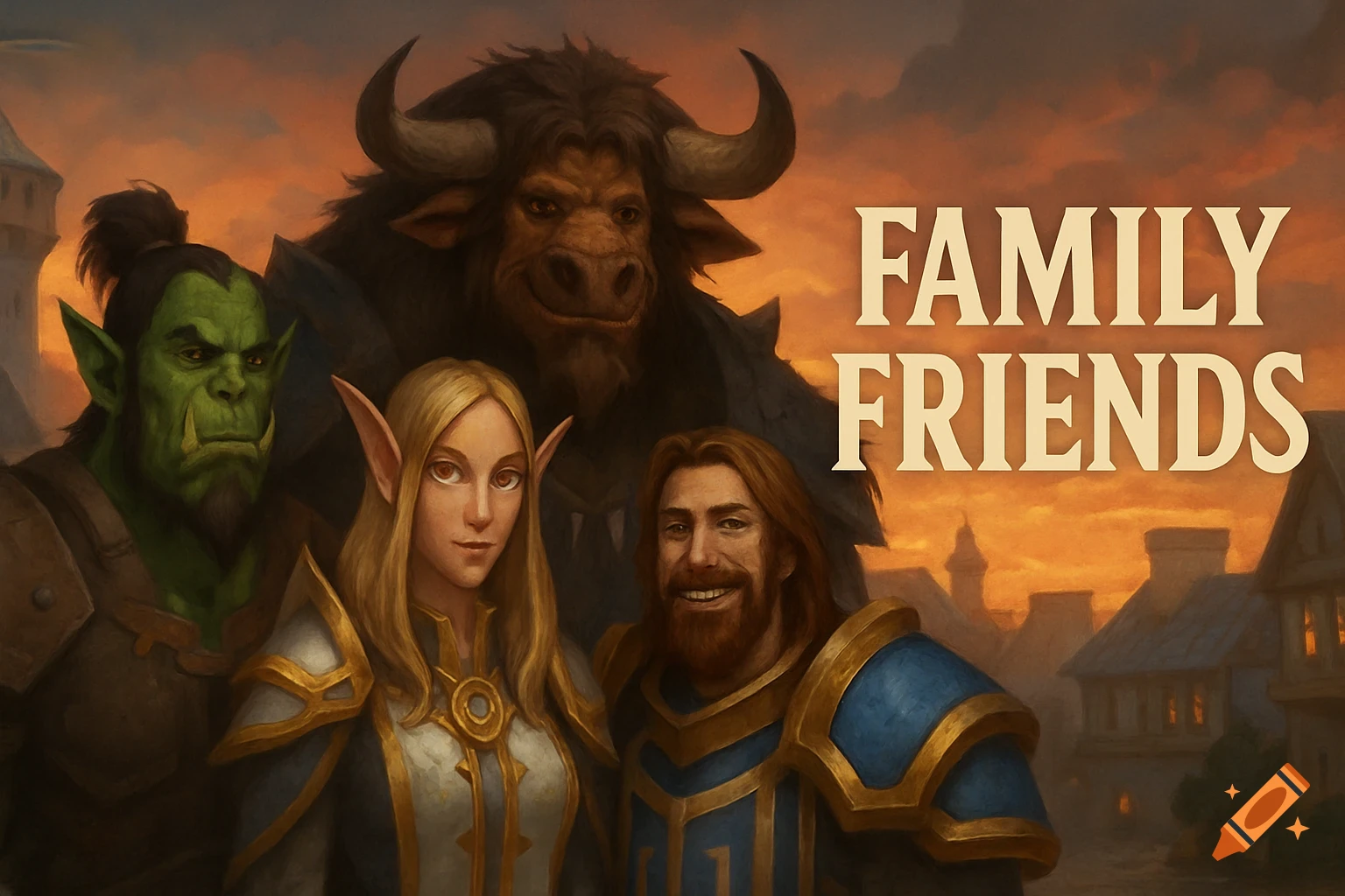 Four fantasy characters, including an orc, elf, tauren, and human, stand together at sunset with the text FAMILY FRIENDS.
