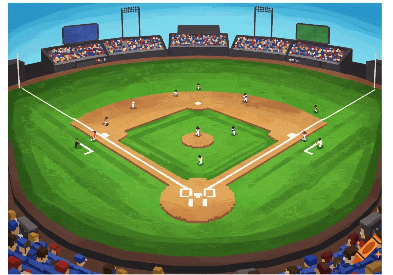 A pixelated baseball field with players and spectators in the stands under a blue sky.