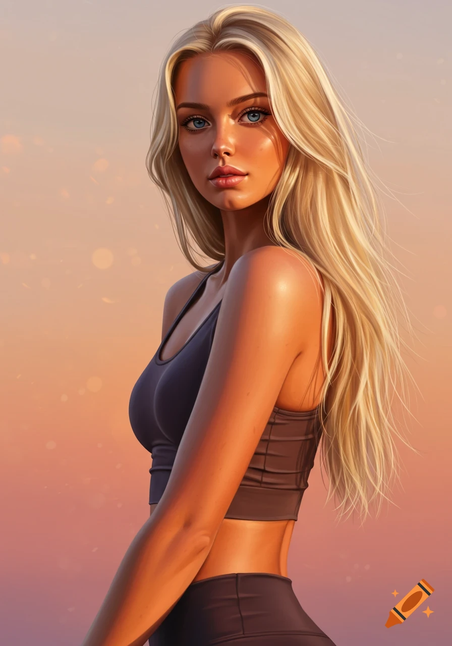 A beautiful blonde woman with blue eyes and long hair, wearing a sports bra, set against a warm, soft-lit background.