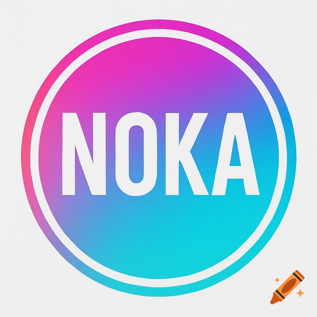 Circular logo with a vibrant pink-purple-blue gradient, white outer border, and the word 'NOKA' in bold white text.