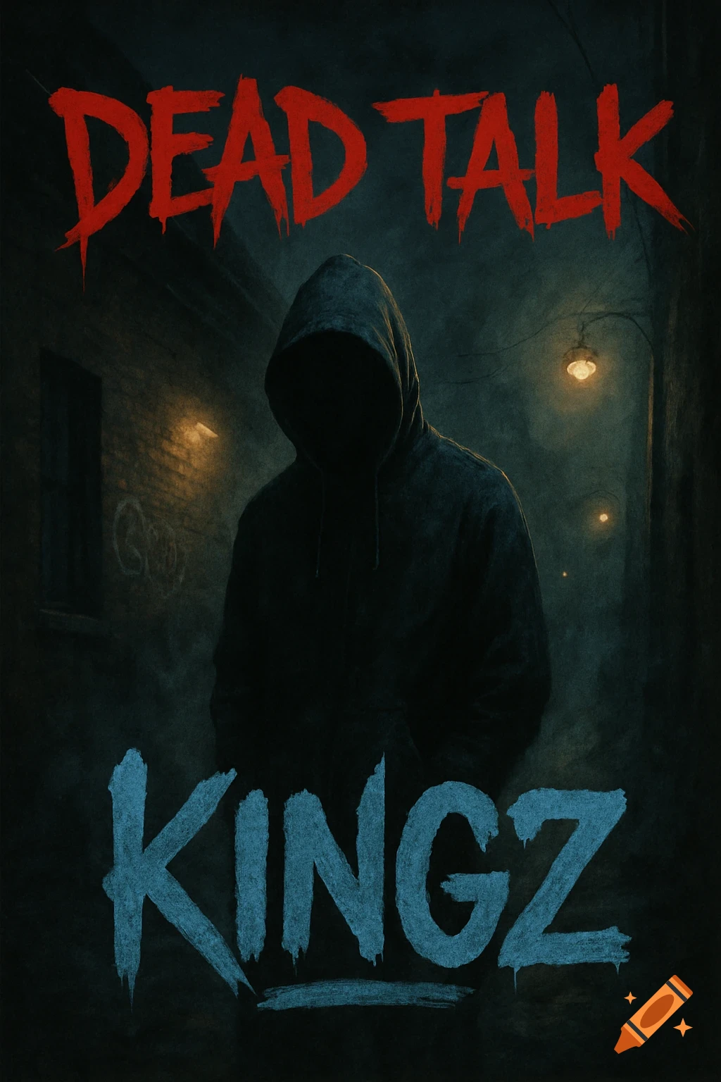 A shadowy hooded figure stands in a dark, misty urban alley with dim streetlights. Red text 'DEAD TALK' is at the top, blue 'KINGZ' at the bottom. Gritty, artistic style.
