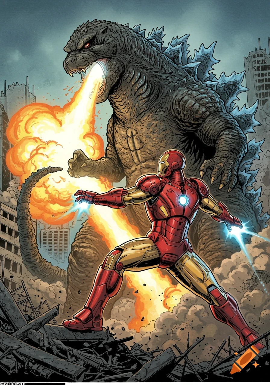 Iron Man battles Godzilla in a ruined city, both characters rendered in a dynamic comic book art style.