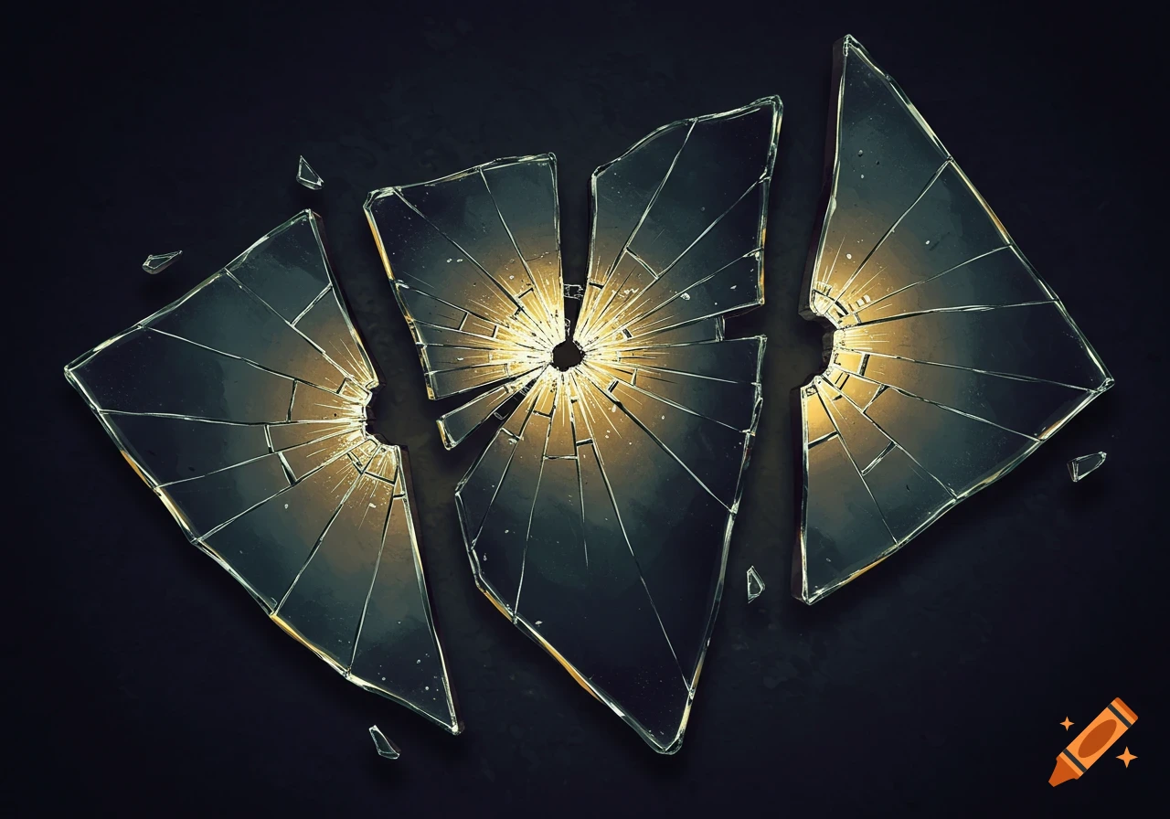 Three large shards of broken glass with radiating cracks and glowing centers against a dark background.