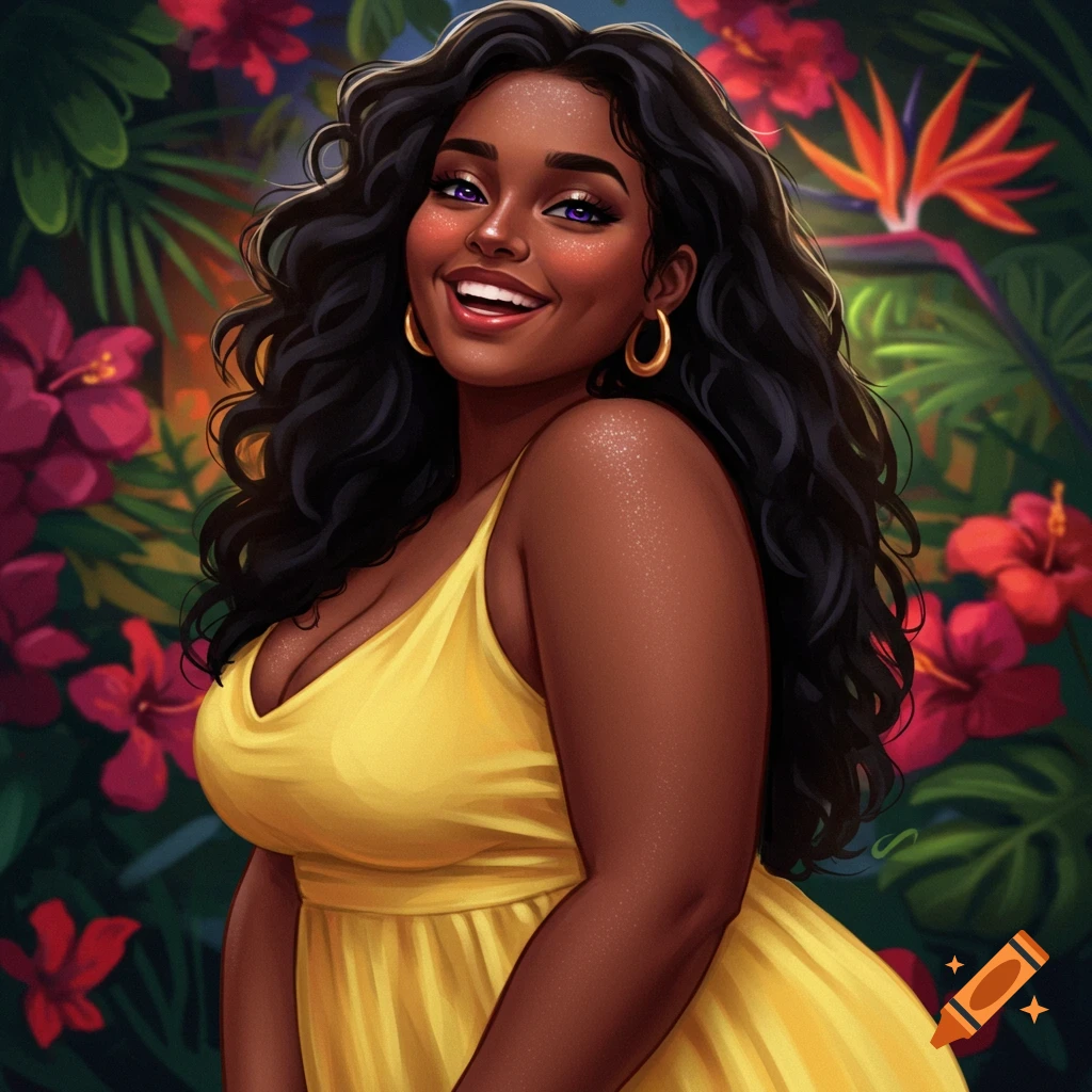 Stylized illustration of a smiling Black woman in a yellow dress, with lush tropical foliage and red flowers in the background.