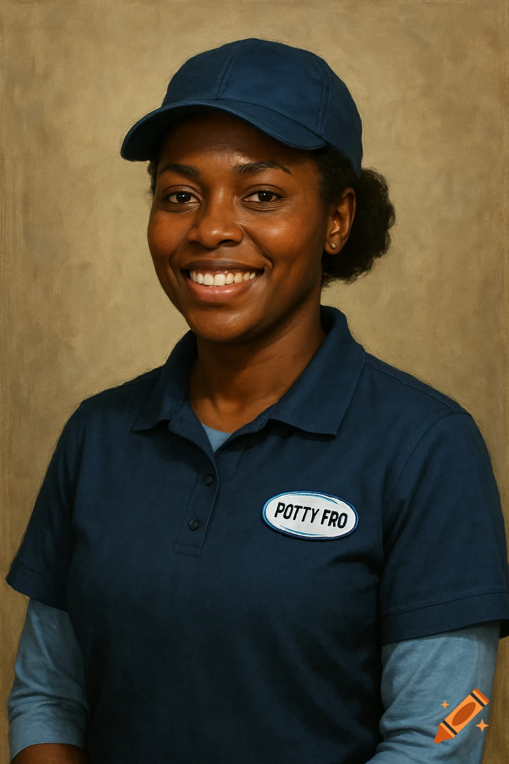 A smiling woman with dark skin wears a blue uniform shirt and baseball cap, with a white oval badge reading 'POTTY FRO'.