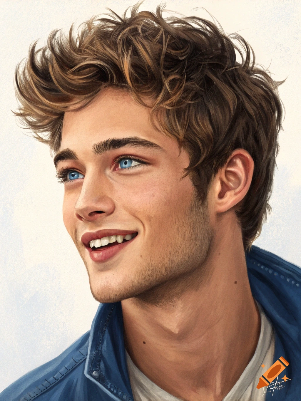 Realistic portrait of a smiling young man with messy brown hair and vivid blue eyes, looking upwards.