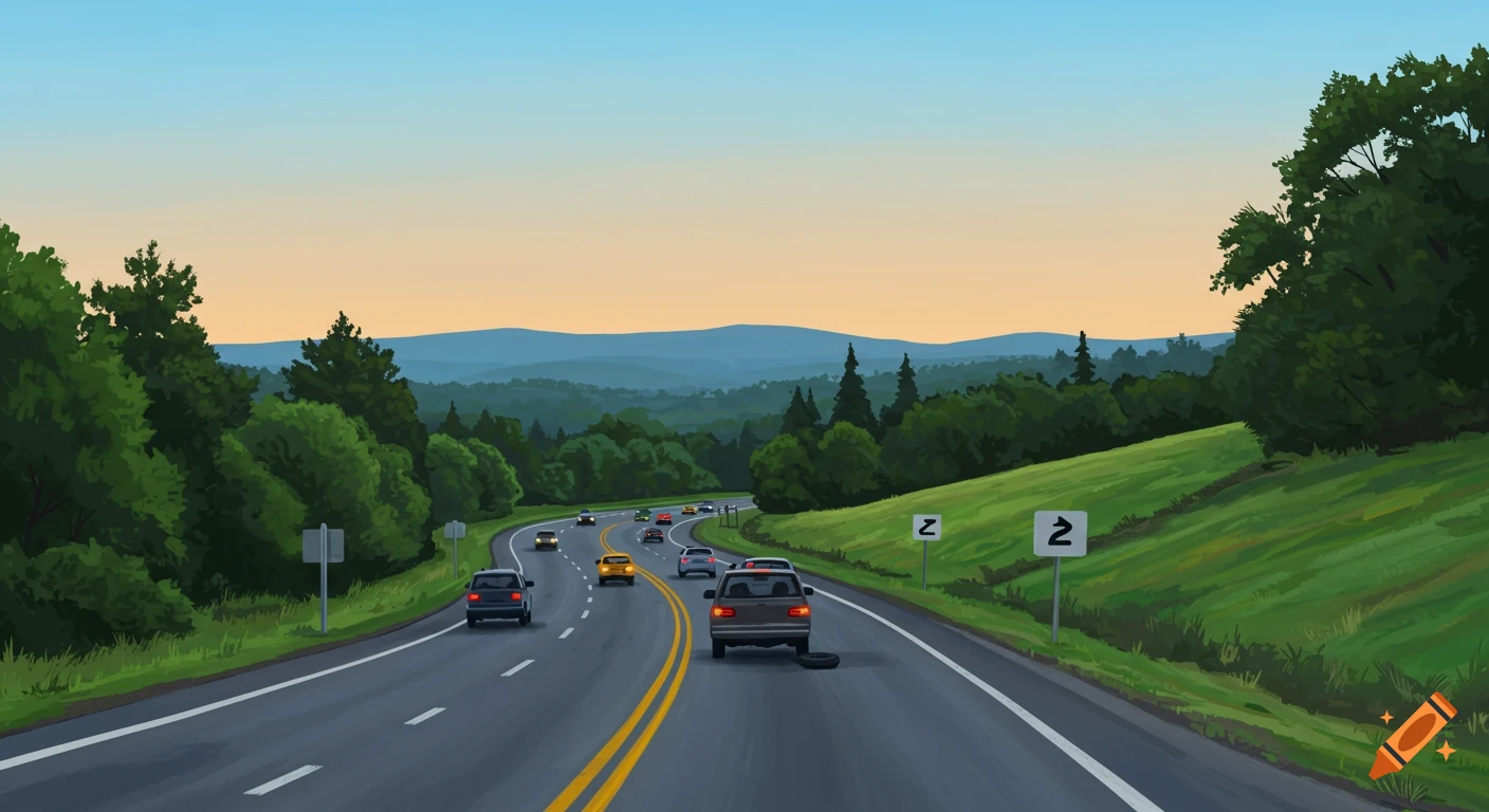 A winding two-lane highway with cars driving in both directions, surrounded by lush green hills and trees under a clear sky.