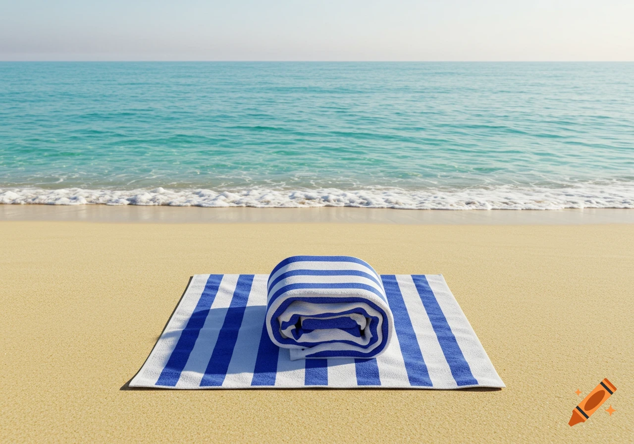 A royal blue and white striped beach towel, rolled up, lies on a sandy beach with the ocean in the background.